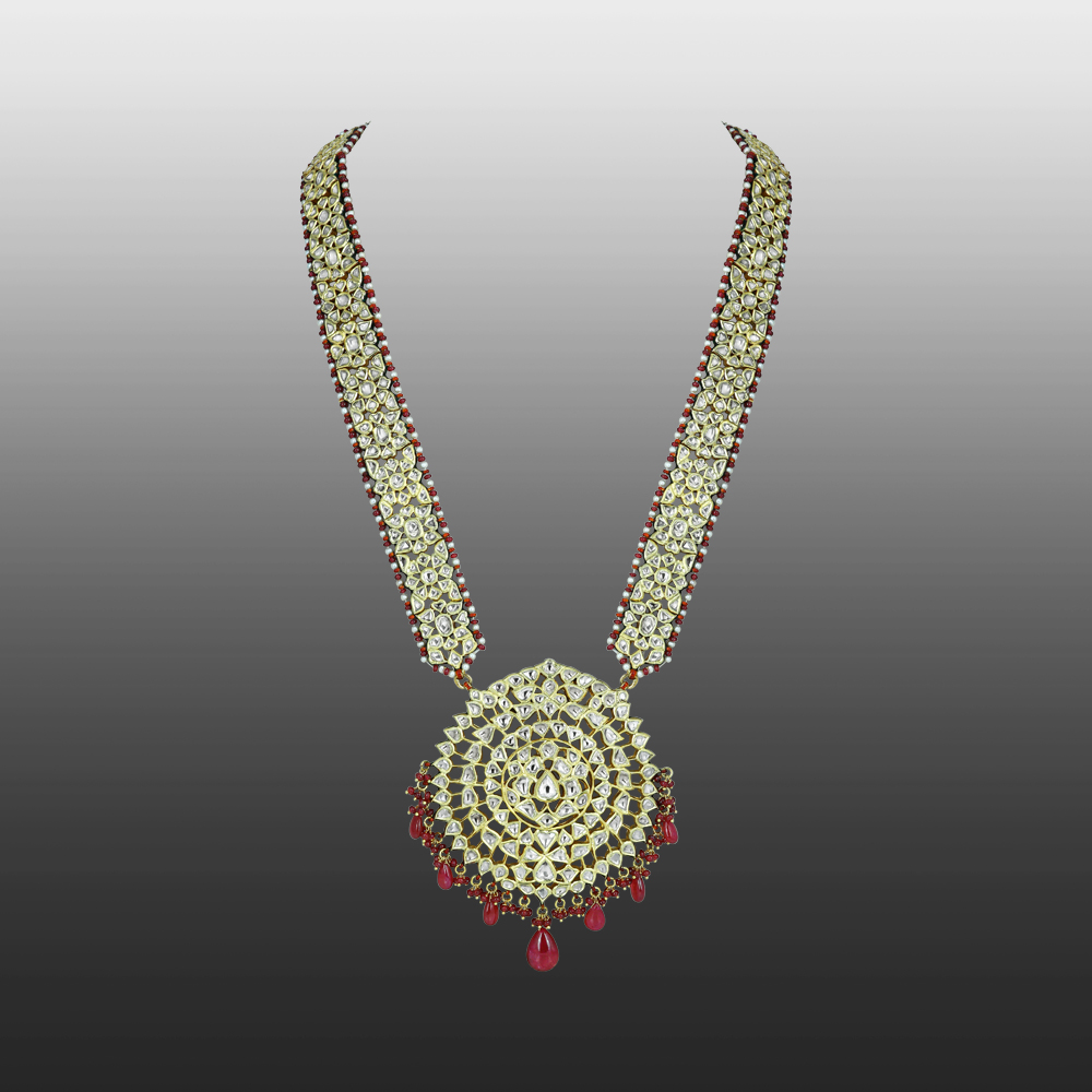 Ruby Beaded Polki Pendant with Intricate Circular Design